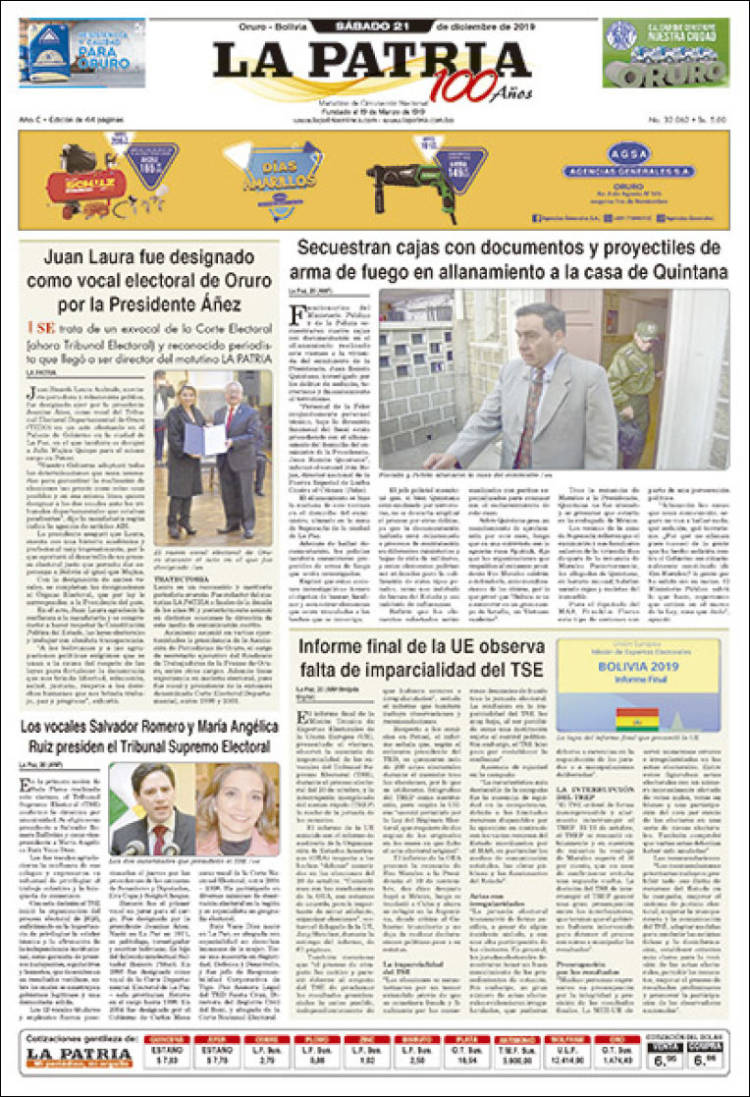 Portada de La Patria (Bolivia)