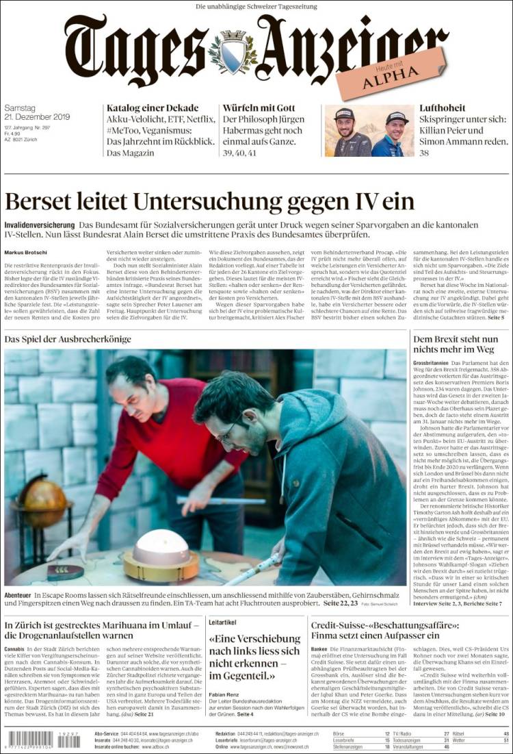 Portada de Tages-Anzeiger (Suiza)