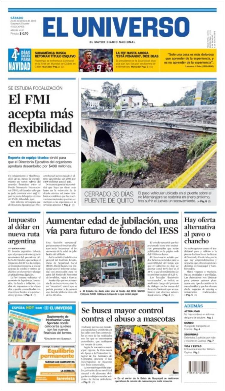 Portada de El Universo - Ecuador (Ecuador)
