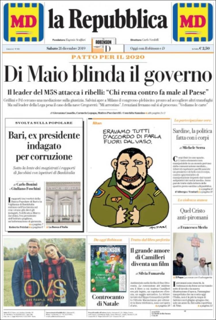 Portada de La Repubblica (Italia)