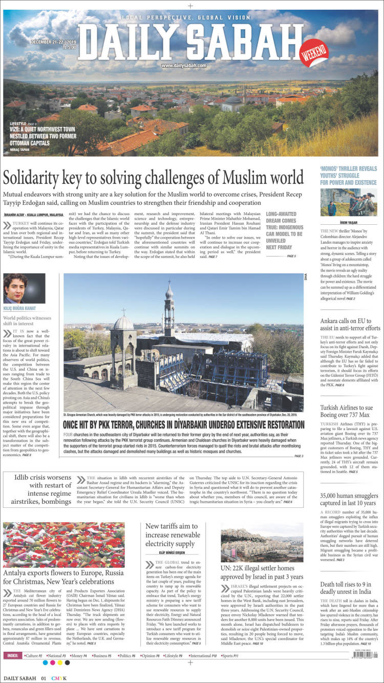 Portada de Daily Sabah (Turqu&iacute;a)