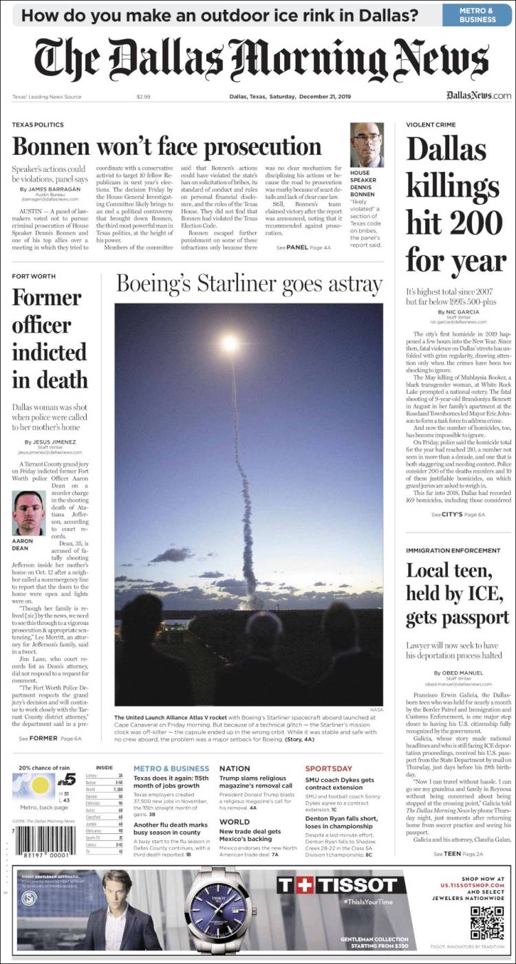 Portada de Dallas Morning News (USA)