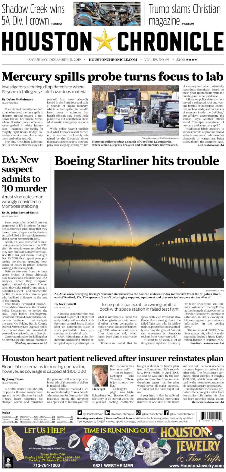 Portada de Houston Chronicle (USA)