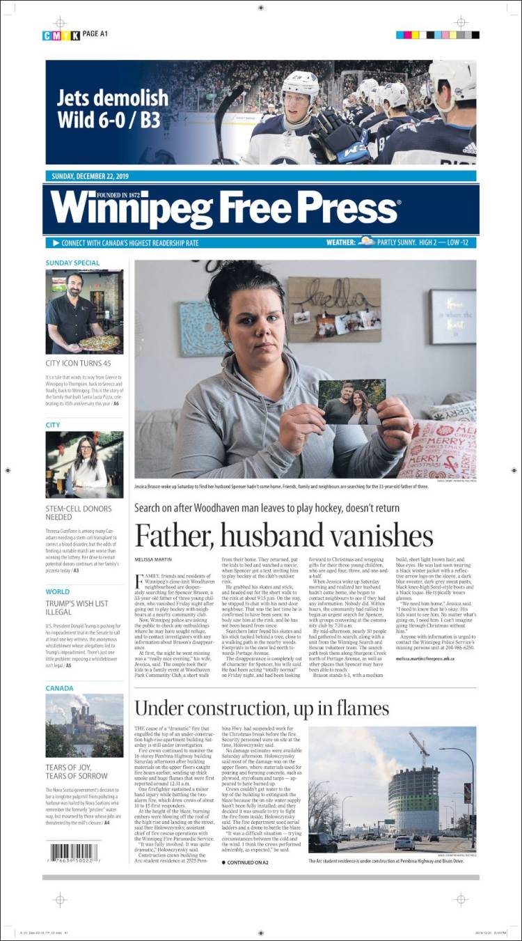 Portada de Winnipeg Free Press (Canada)