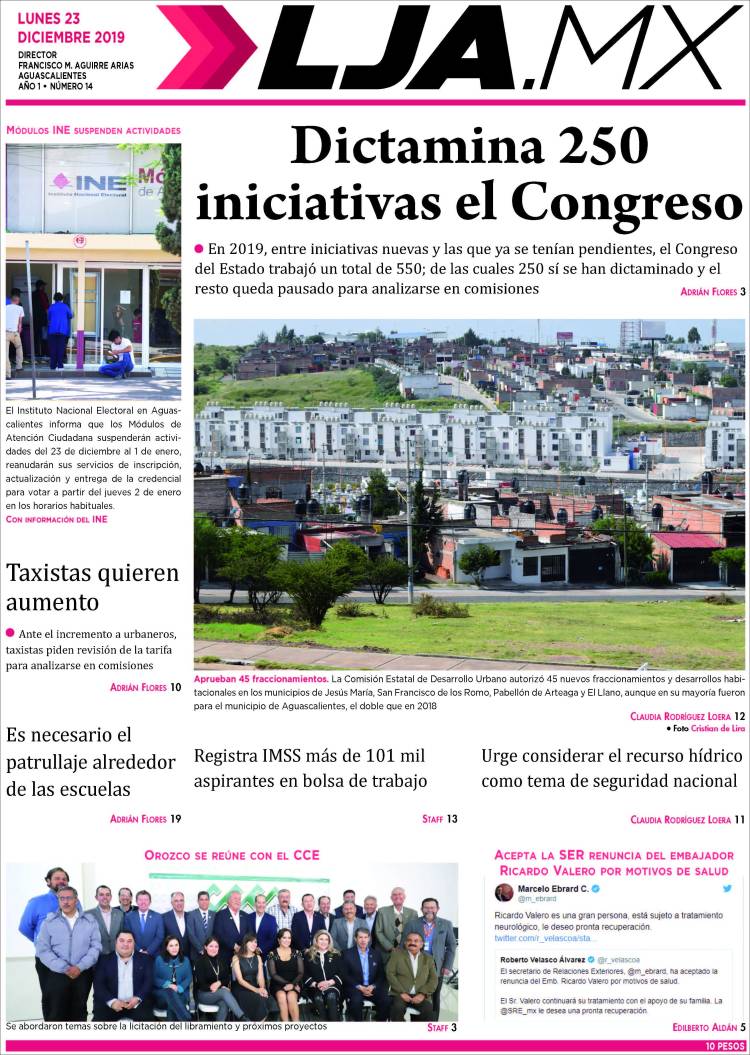 Portada de La Jornada de Aguascalientes (M&eacute;xico)