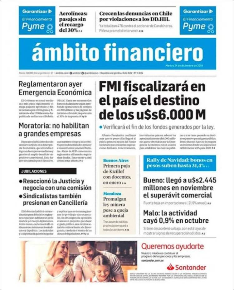 Portada de Diario Ambito Financiero (Argentina)