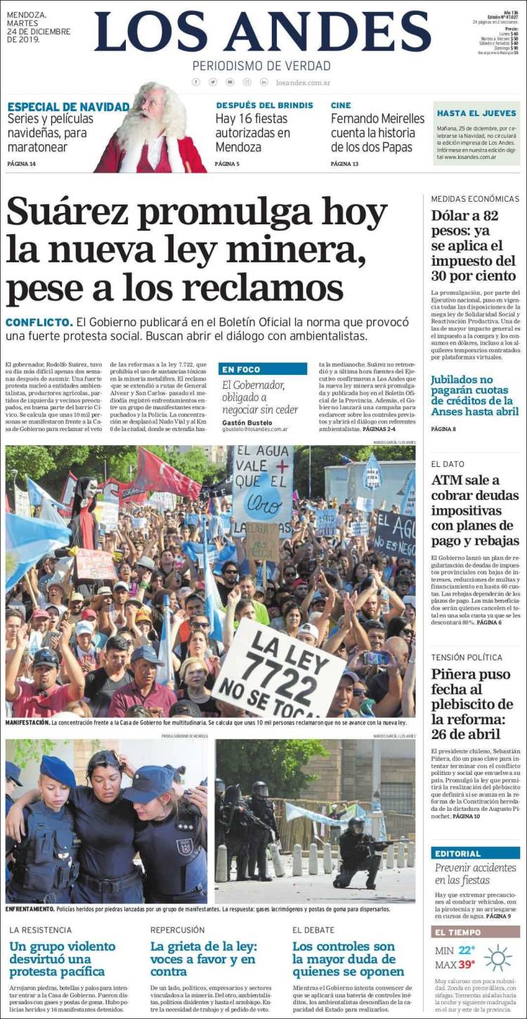 Portada de Los Andes - Mendoza (Argentina)