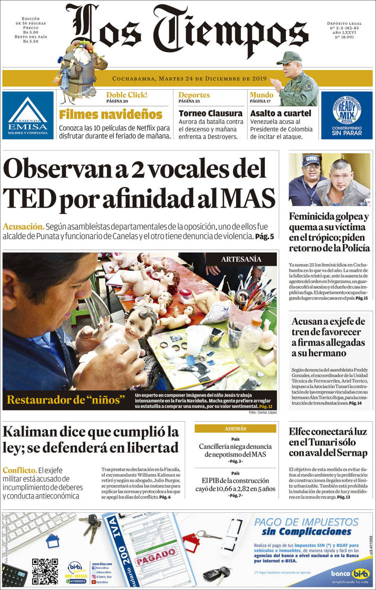 Portada de Los Tiempos (Bolivia)