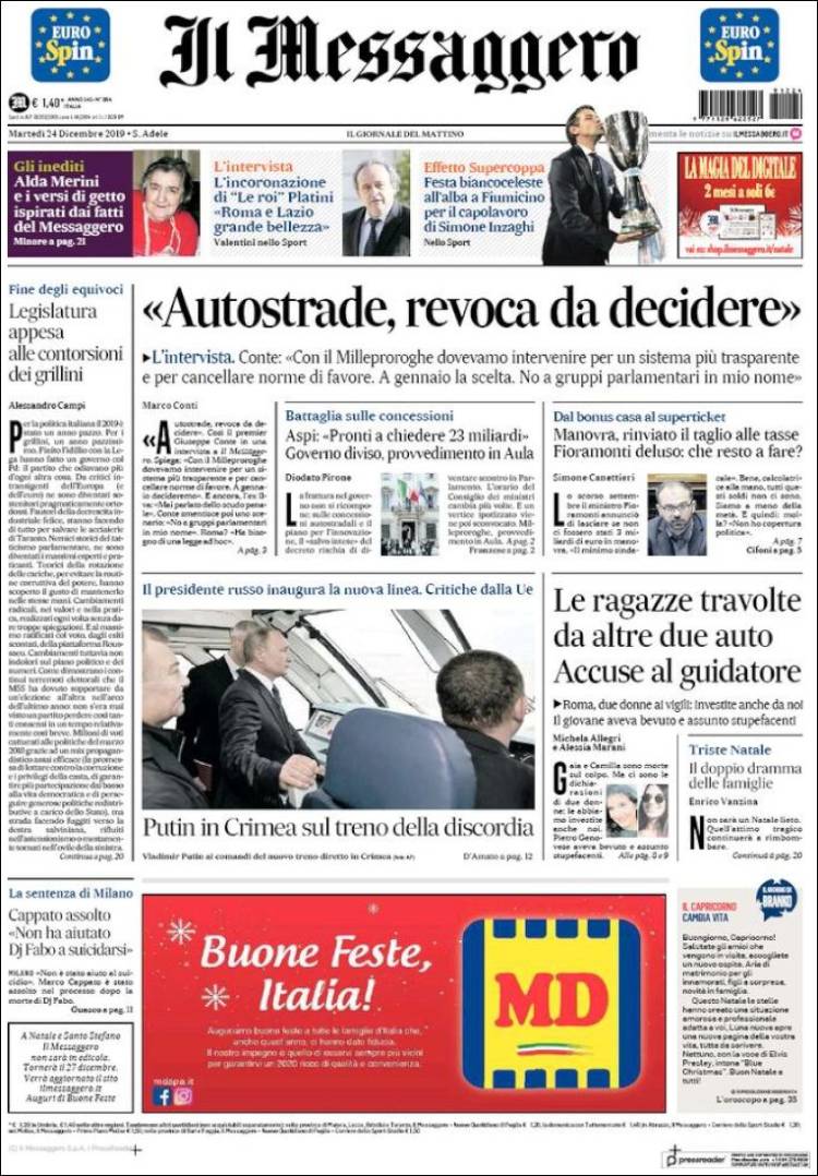 Portada de Il Messaggero (Italia)