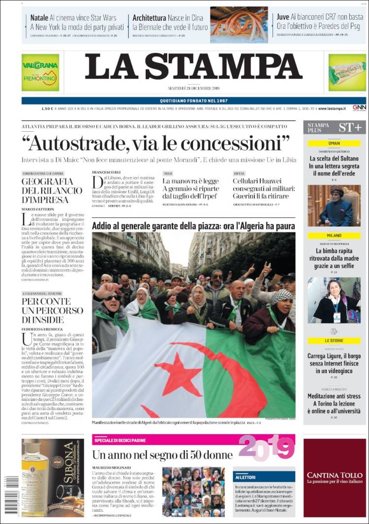 Portada de La Stampa (Italia)