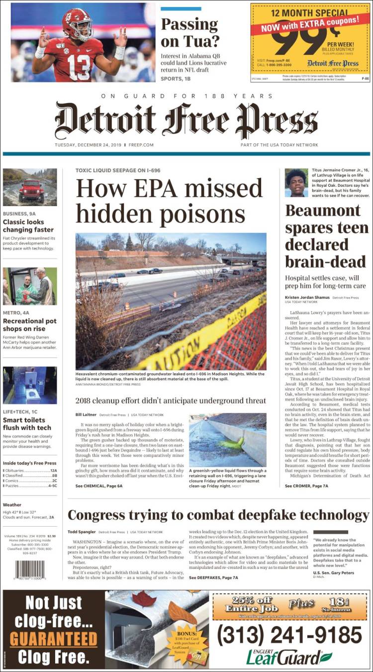 Portada de Detroit Free Press (USA)