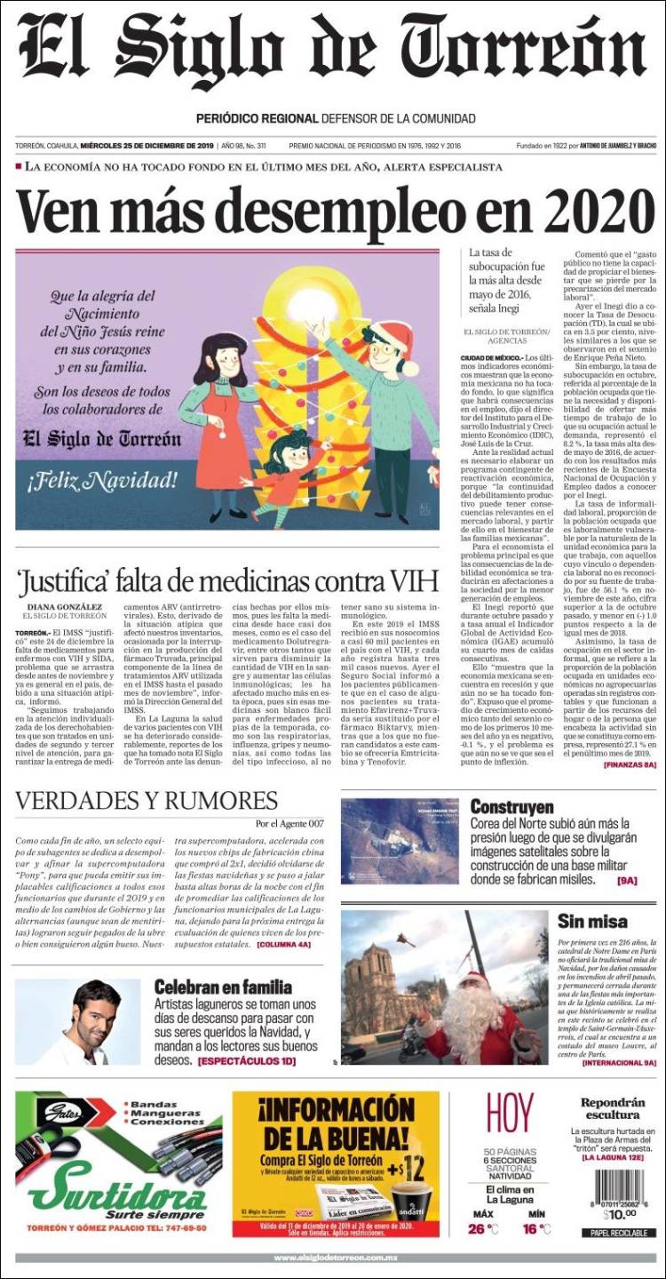 Periódico El Siglo De Torreon México Periódicos De México Edición De Miércoles 25 De 0019