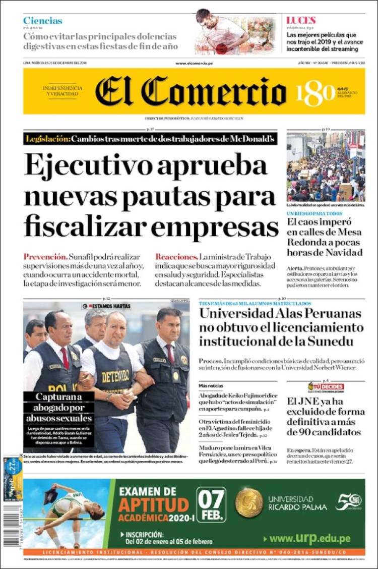 Portada de El Comercio (Per&uacute;)