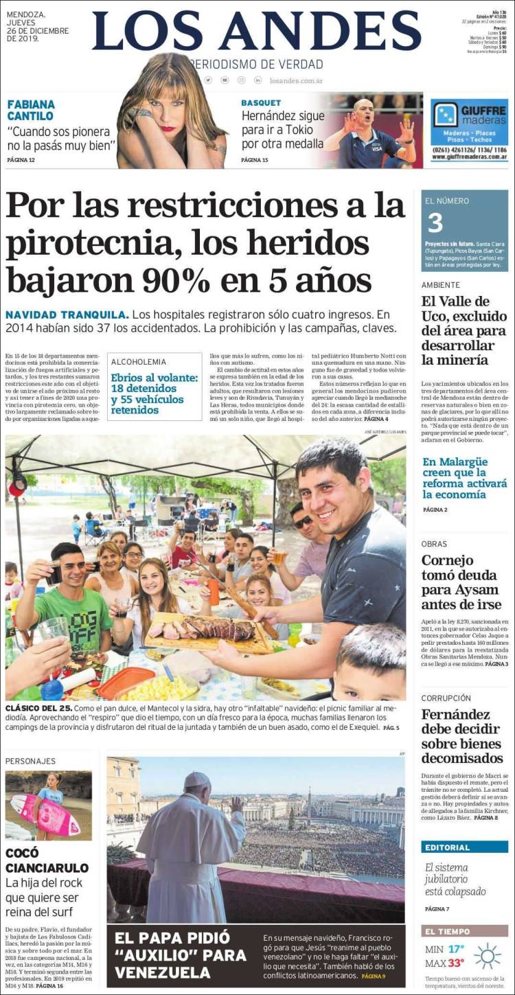 Portada de Los Andes - Mendoza (Argentina)