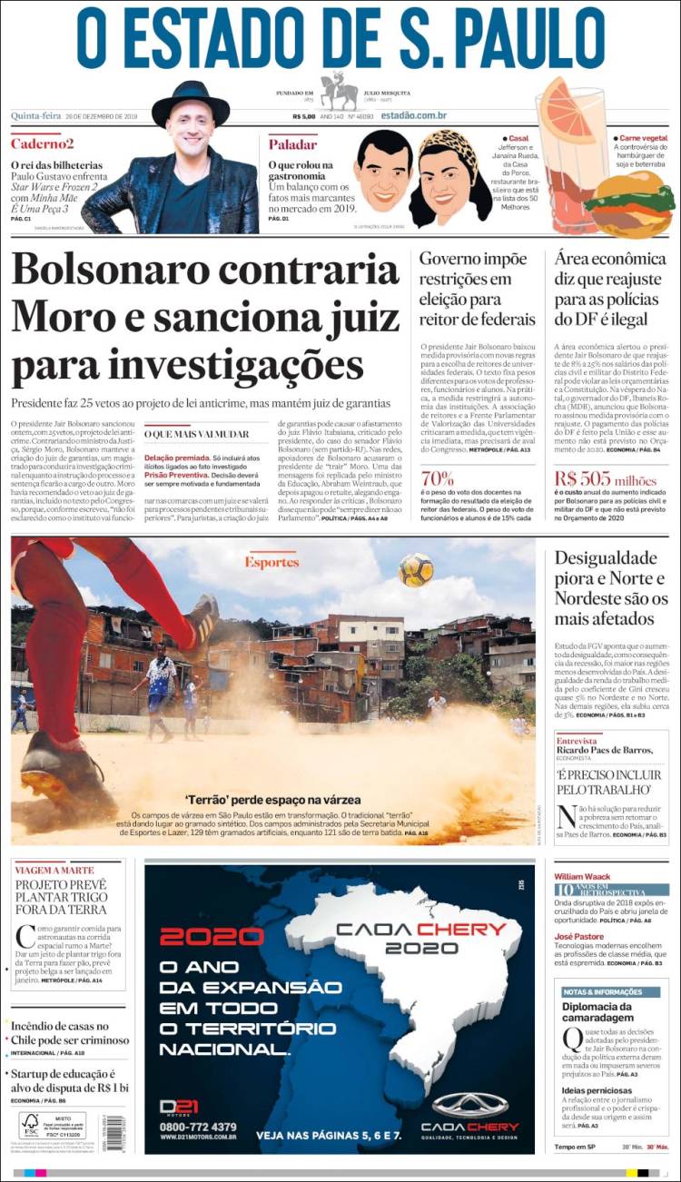 Portada de O Estado de São Paulo (Brasil)