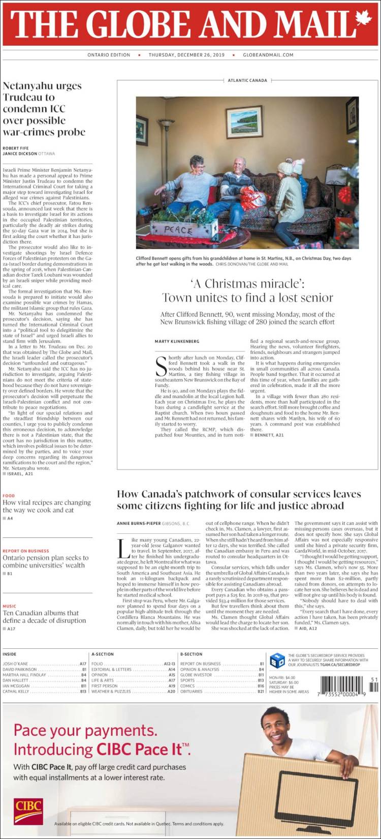 Portada de The Globe and Mail (Canadá)