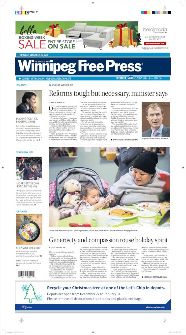 Portada de Winnipeg Free Press (Canadá)