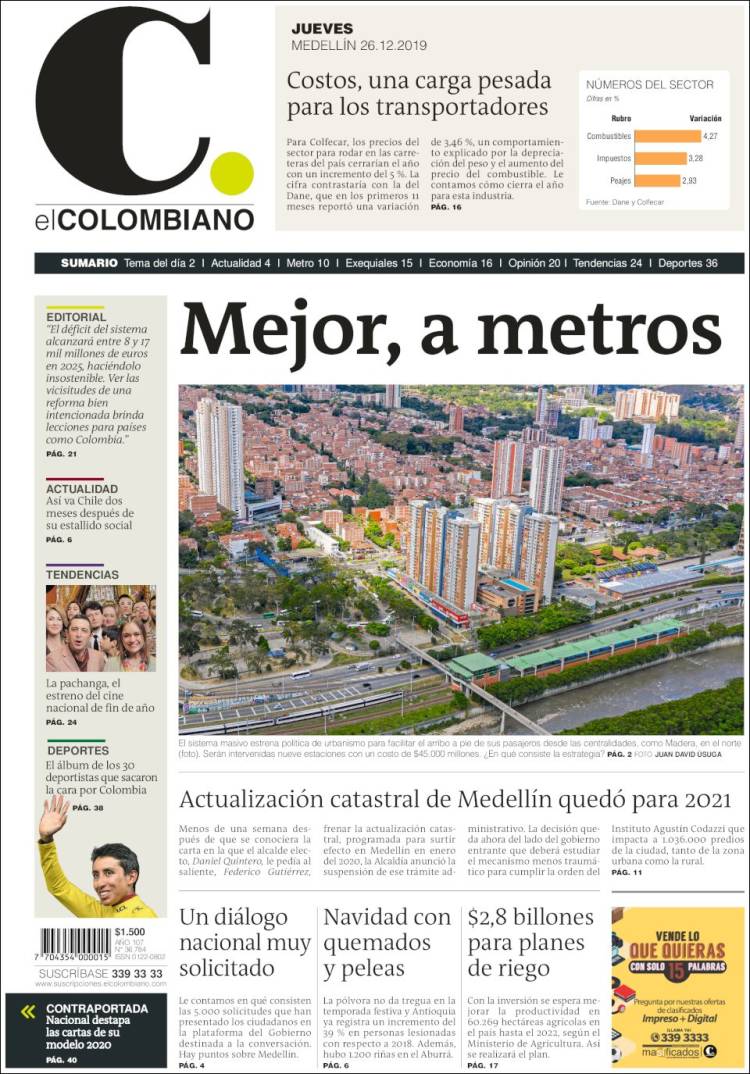 Portada de El Colombiano (Colombia)