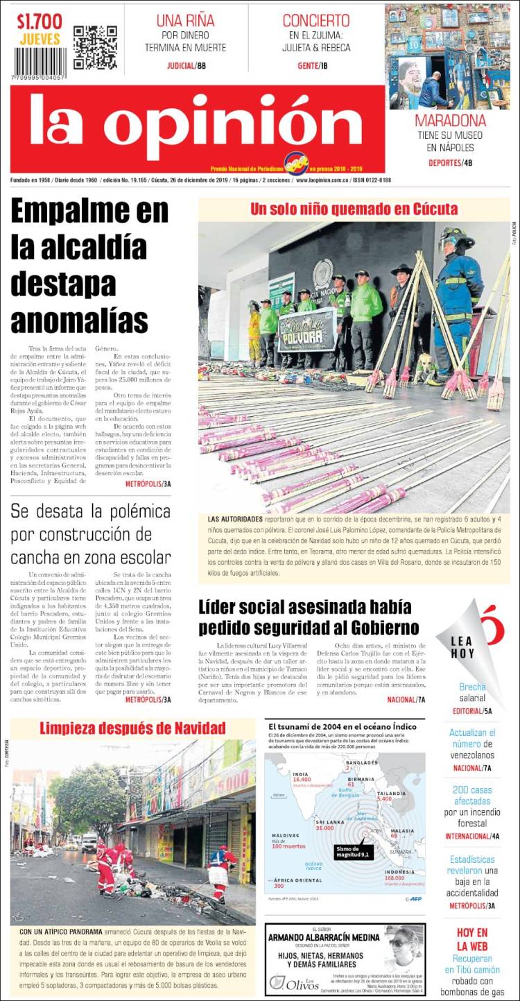 Portada de Diario La Opinion (Colombia)