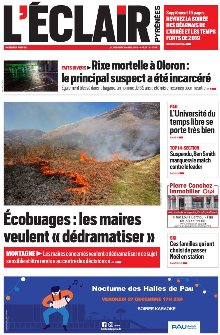 Portada de L'Eclair des Pyrénées (Francia)