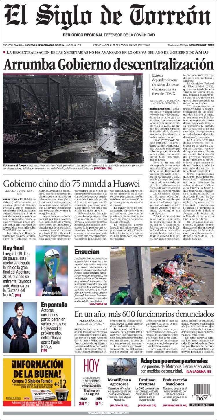 Portada de El Siglo de Torreon (M&eacute;xico)