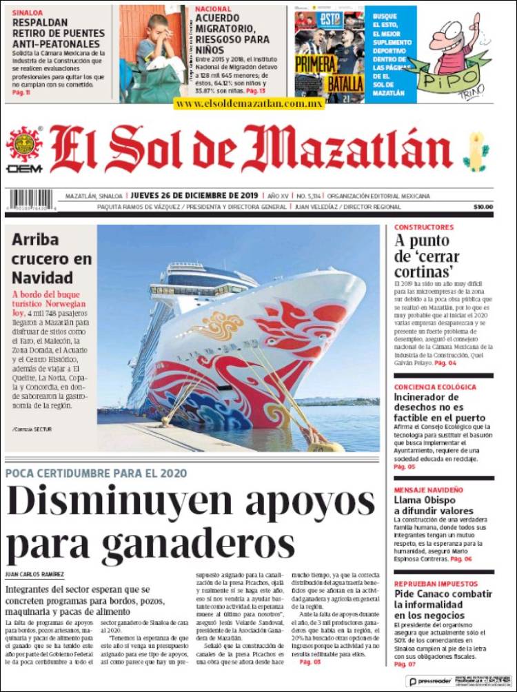 Portada de El Sol de Mazatlán (M&eacute;xico)