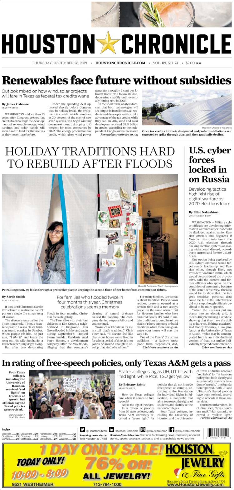 Portada de Houston Chronicle (USA)