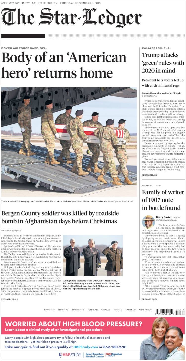 Portada de Star-Ledger (USA)