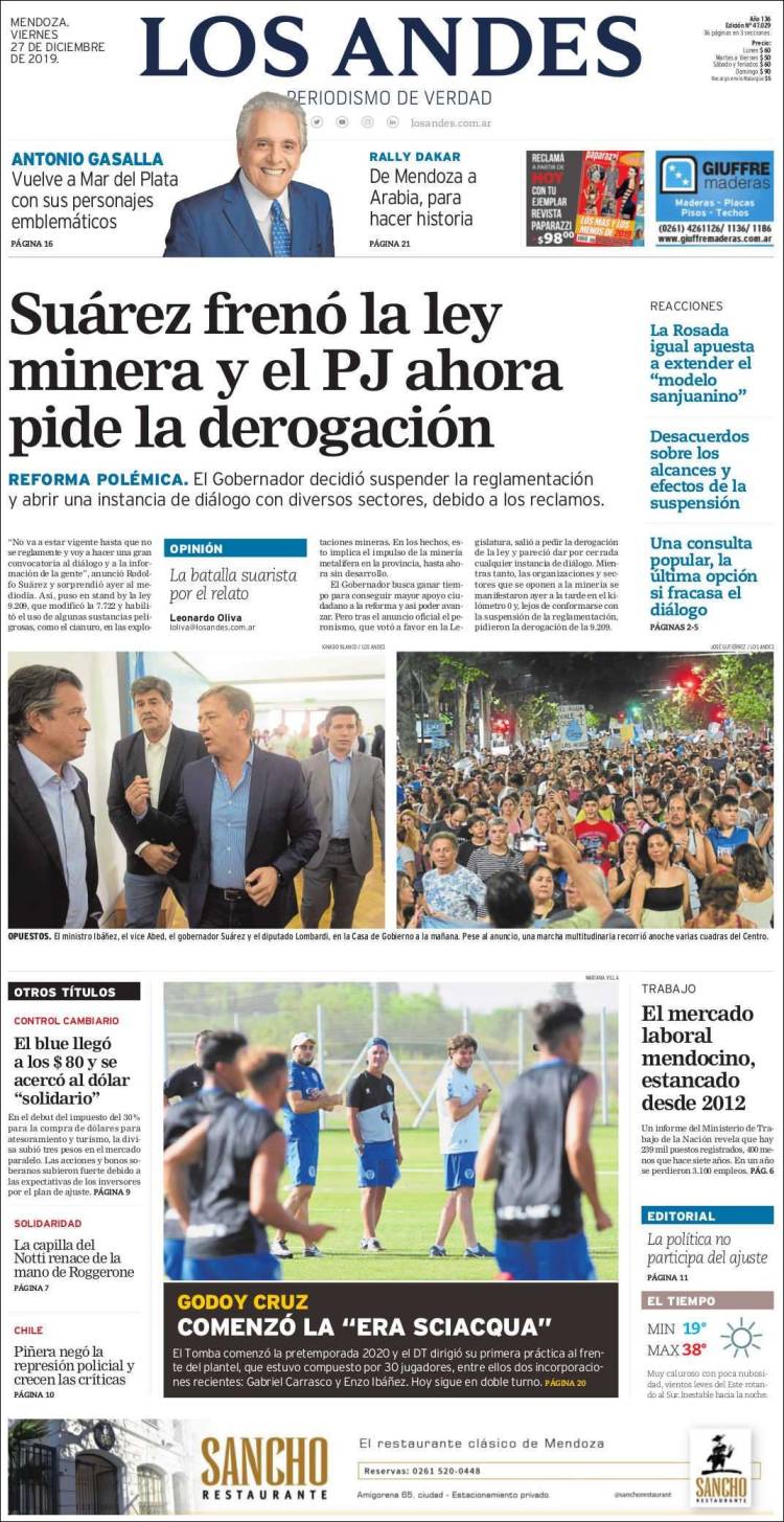 Portada de Los Andes - Mendoza (Argentina)