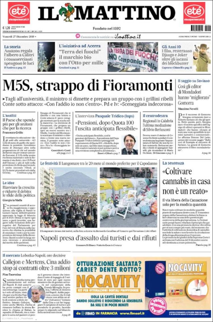 Portada de Il Mattino (Italia)