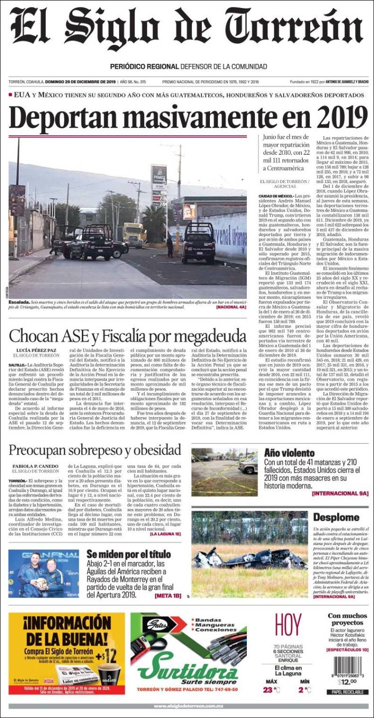 Portada de El Siglo de Torreon (M&eacute;xico)