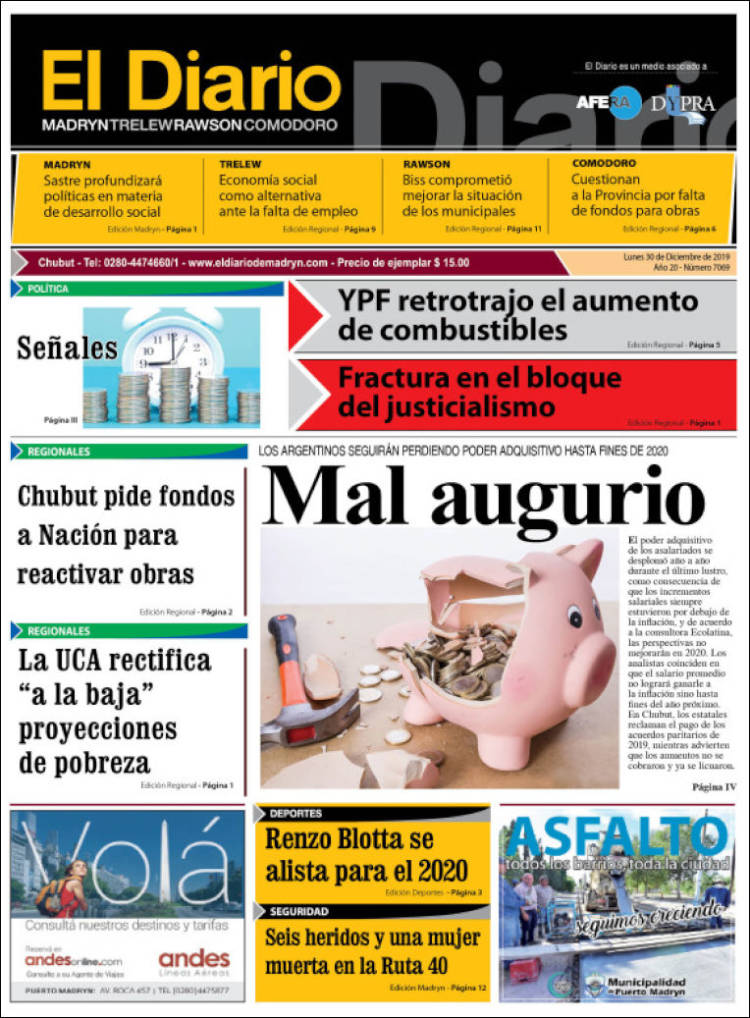 Portada de El Diario de Madryn (Argentina)