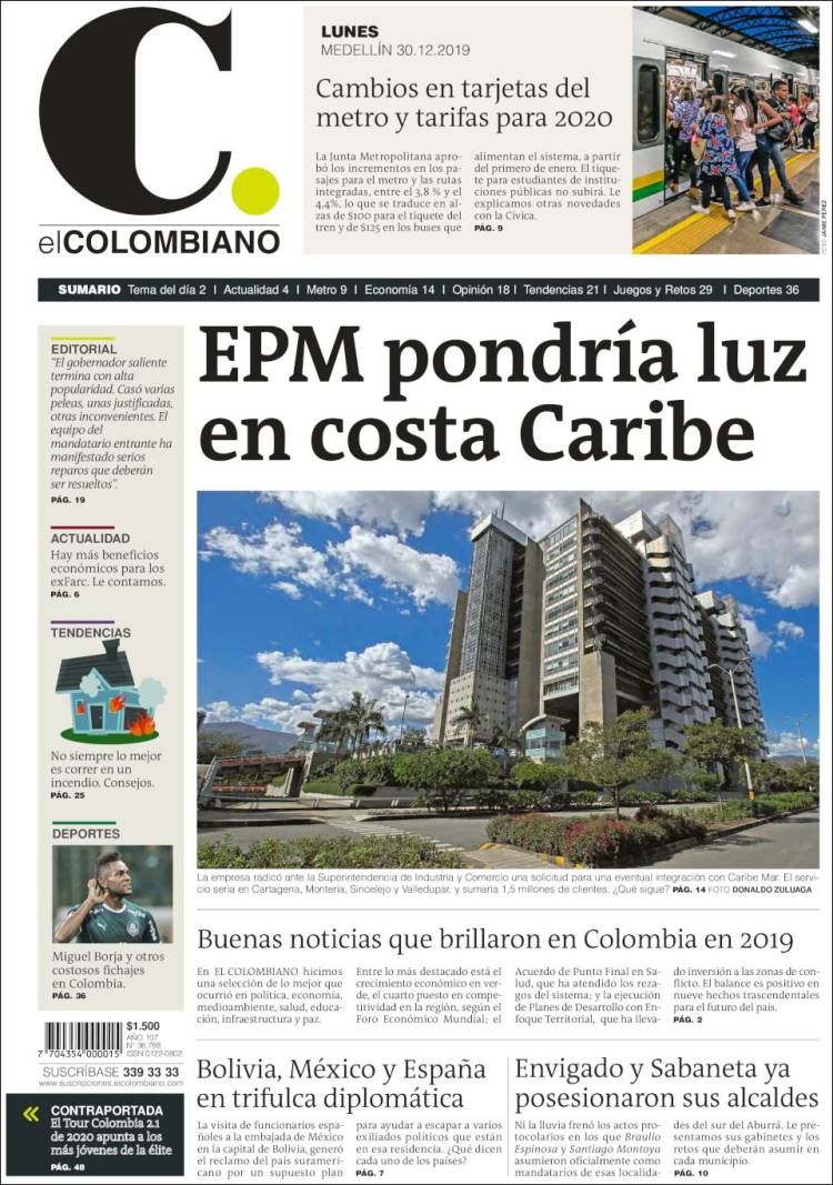 Portada de El Colombiano (Colombia)