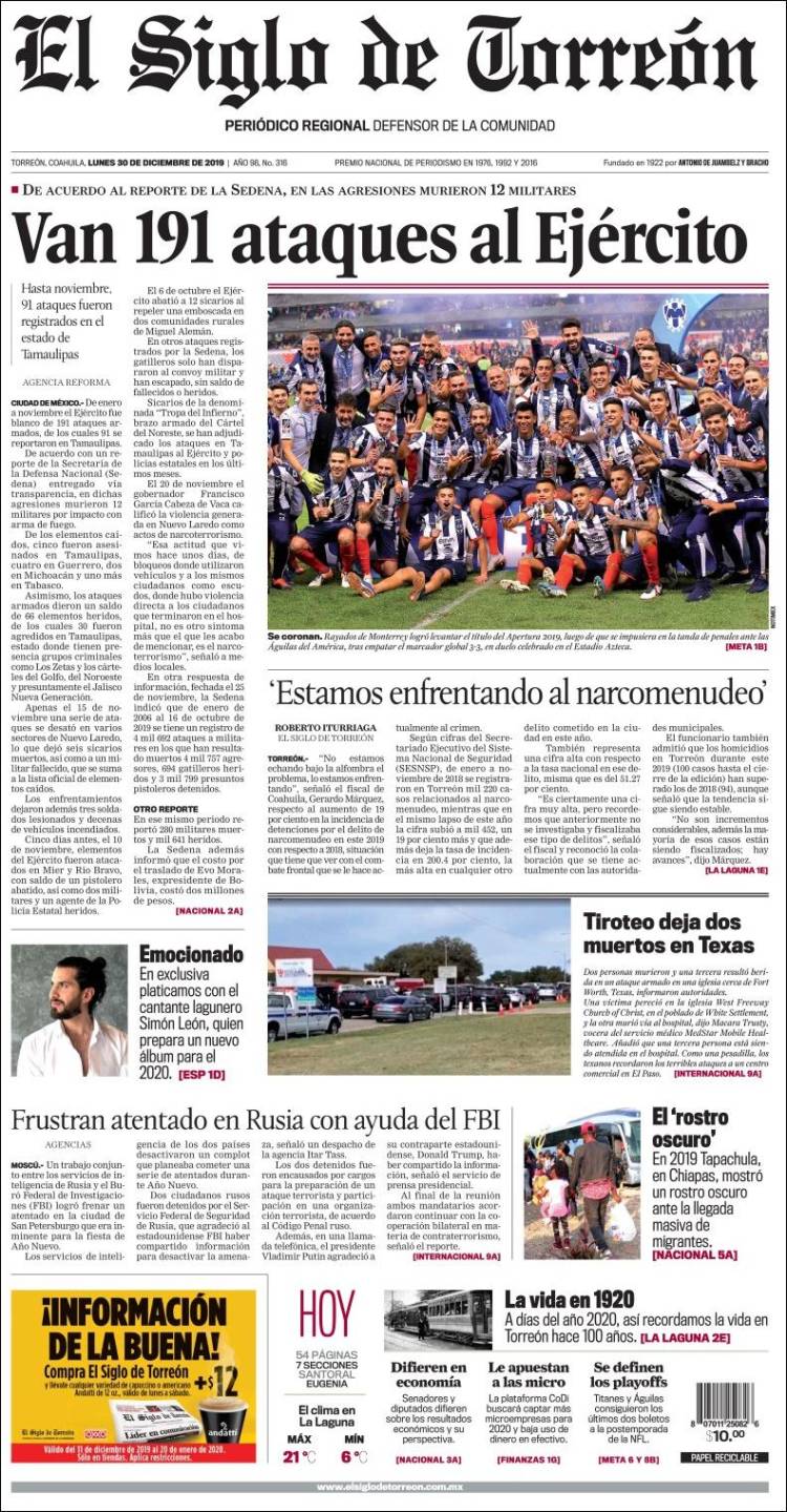 Portada de El Siglo de Torreon (México)