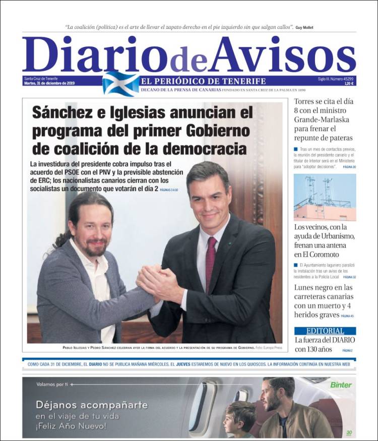 Portada de Diarios de Avisos (España)