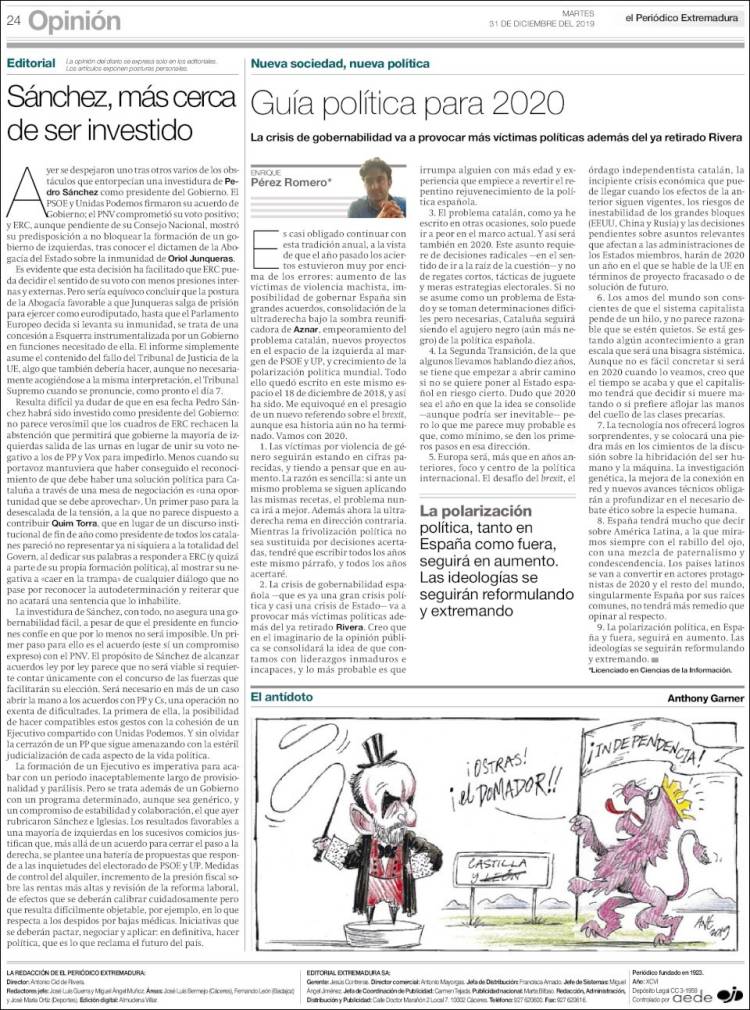 Portada de El Periódico de Extremadura (España)