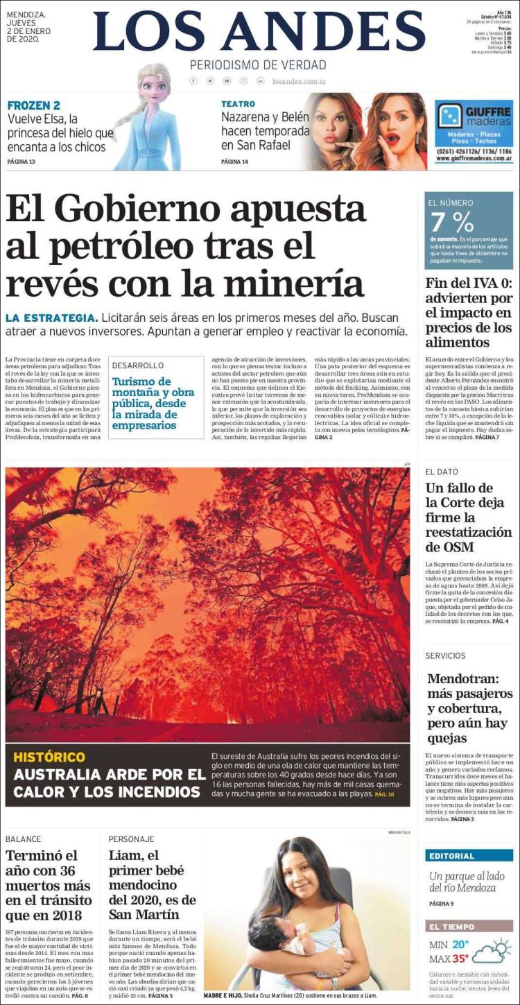 Portada de Los Andes - Mendoza (Argentina)