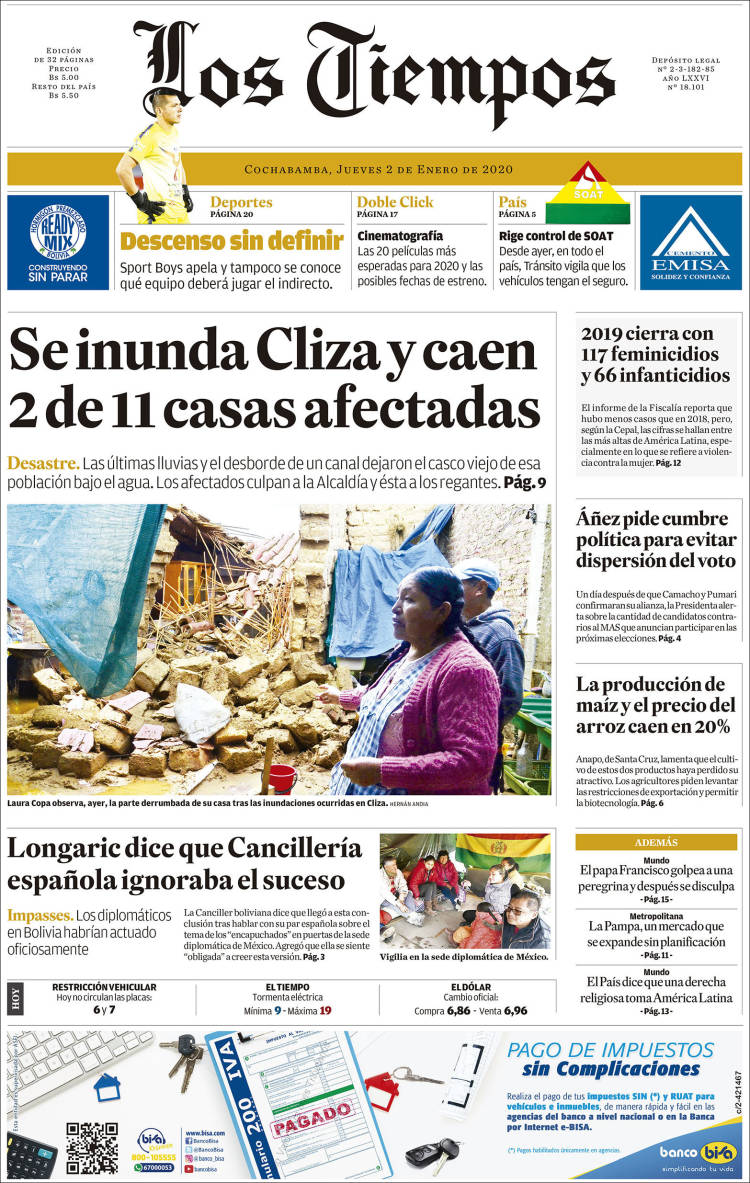 Portada de Los Tiempos (Bolivia)