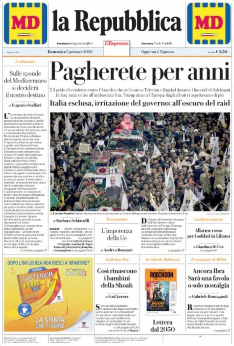 Portada de La Repubblica (Italia)