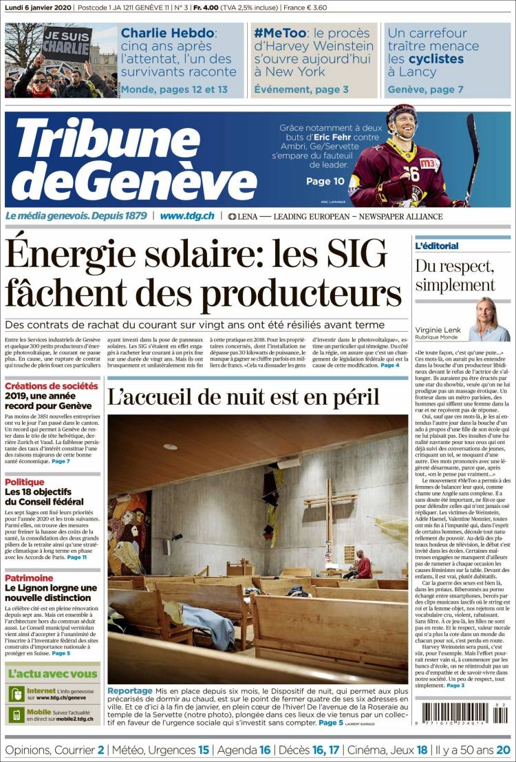 Portada de La Tribune de Genève (Suiza)