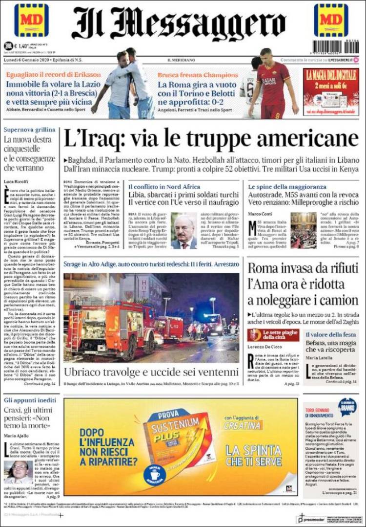 Portada de Il Messaggero (Italia)