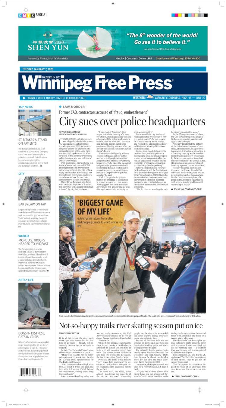 Portada de Winnipeg Free Press (Canada)