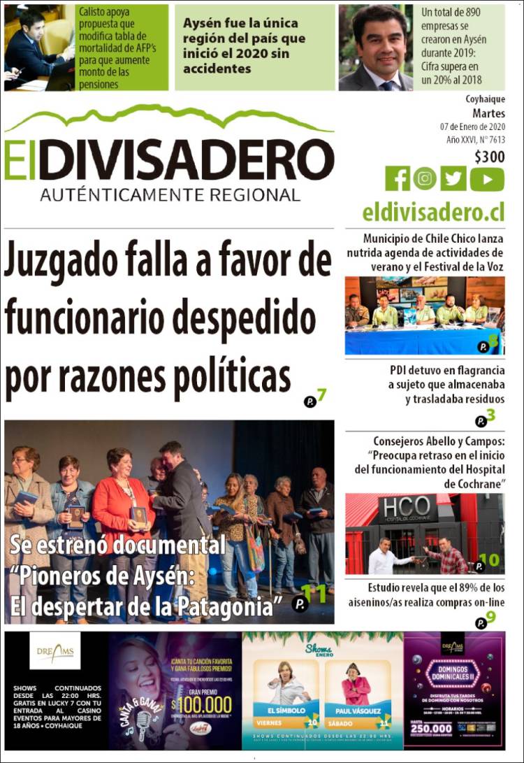 Portada de Diario El Divisadero (Chile)