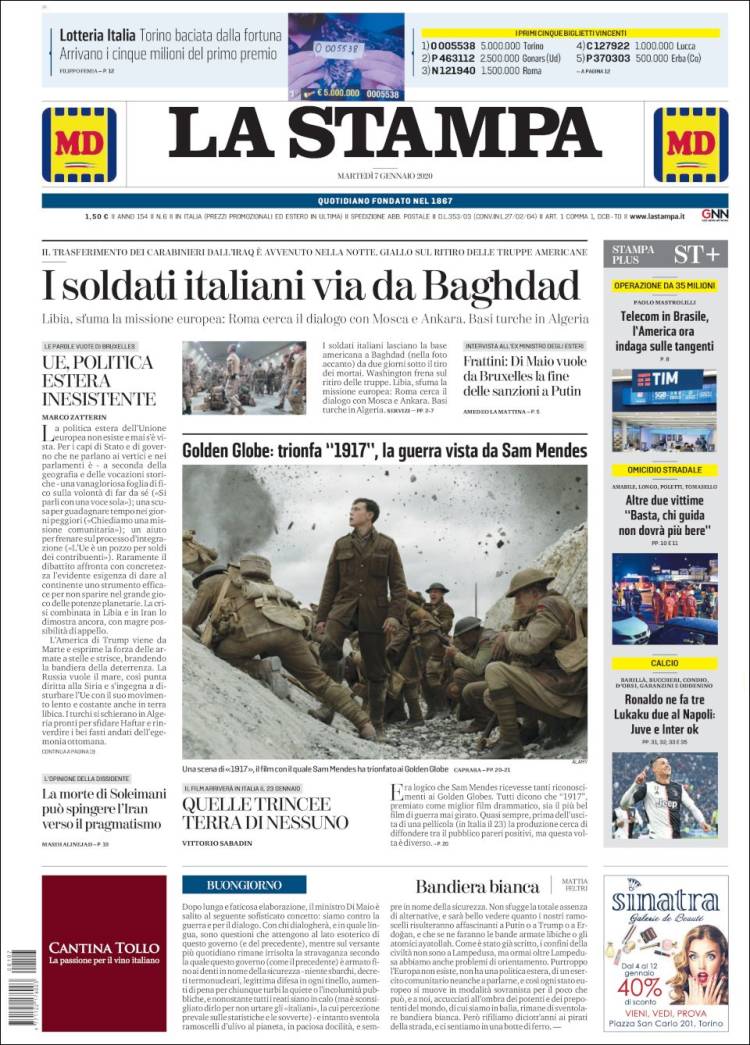 Portada de La Stampa (Italia)