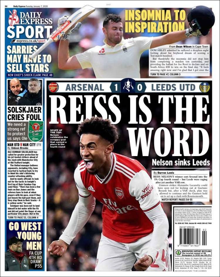 Newspaper Express Sport (United Kingdom). Newspapers in United Kingdom.  Tuesday's edition, January 7 of 2020. 