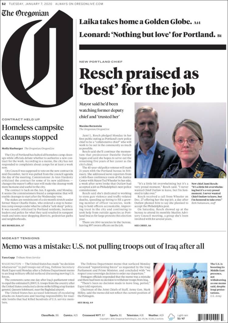 Portada de The Oregonian (USA)