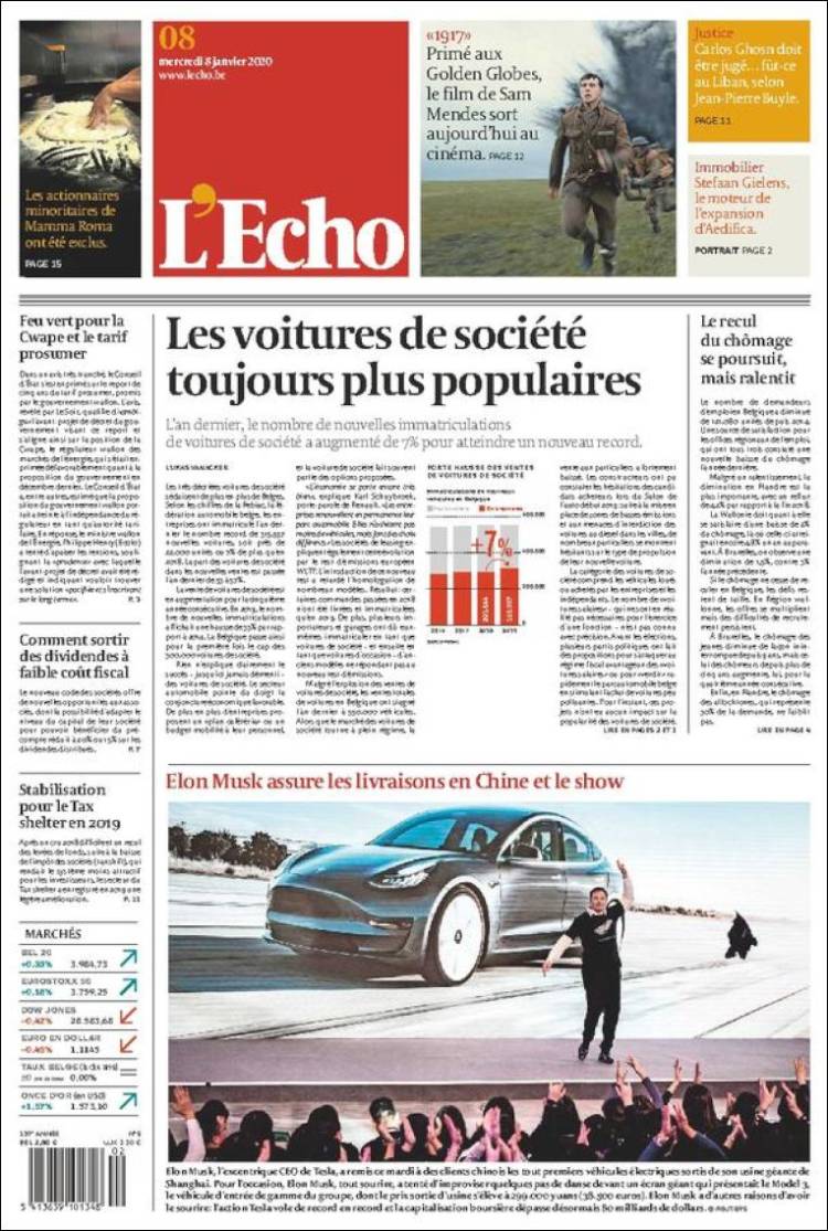 Portada de L'Echo (B&eacute;lgica)