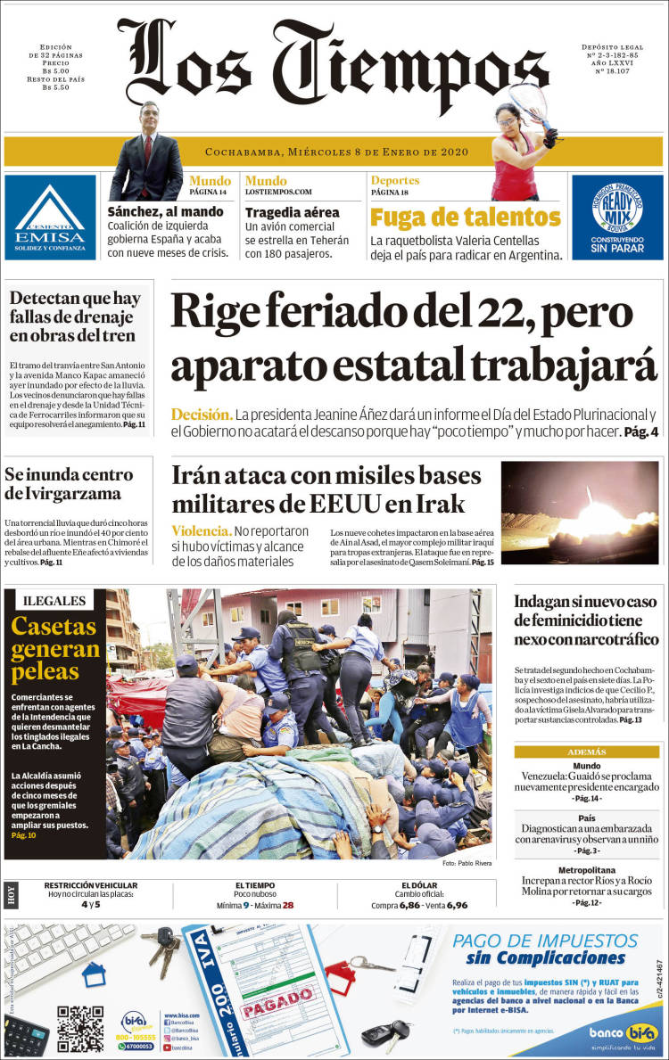 Portada de Los Tiempos (Bolivia)