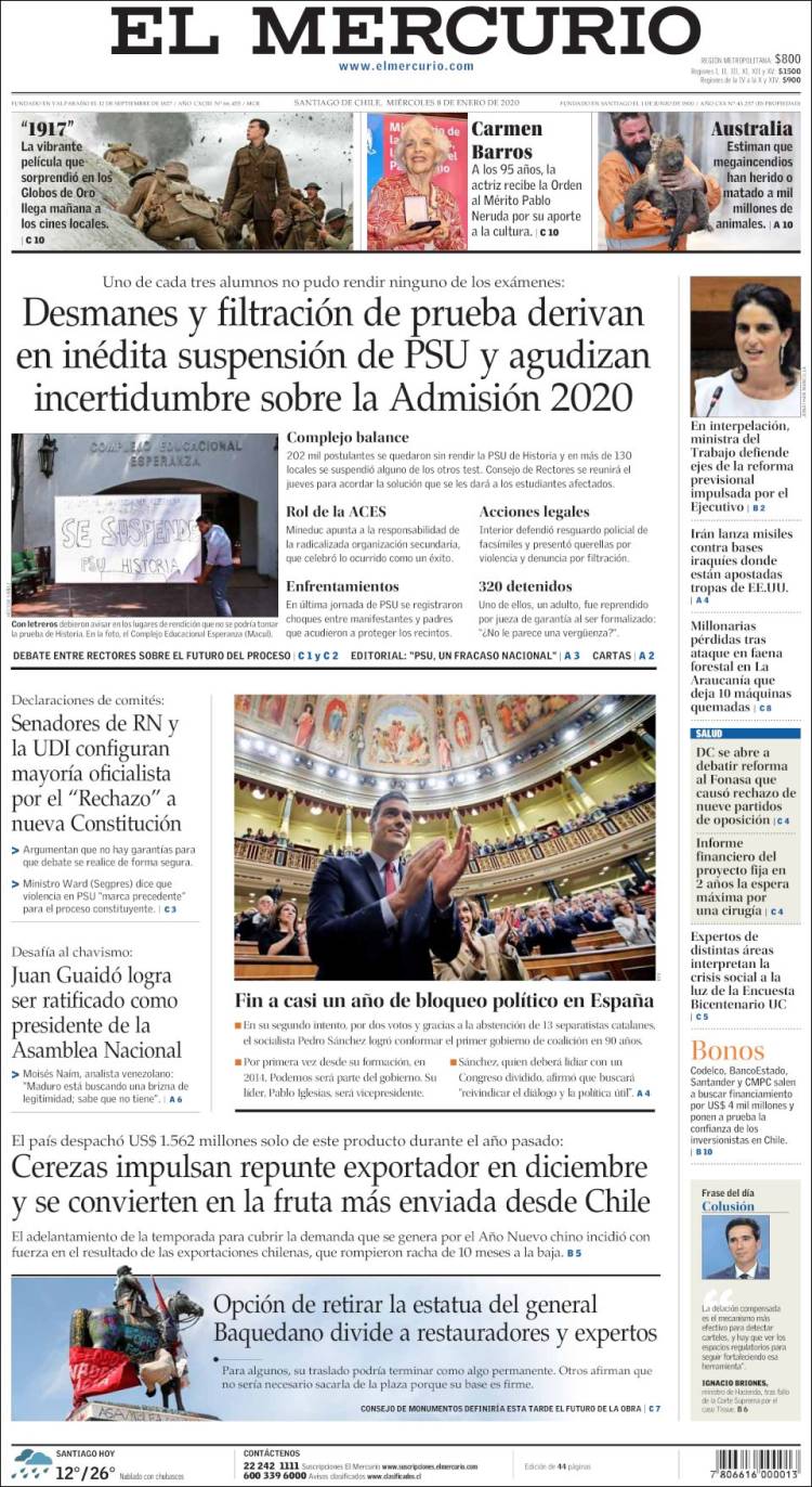 Portada de El Mercurio (Chile)
