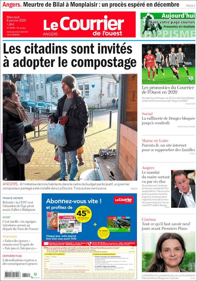 Portada de Le Courrier de l'Ouest (Francia)